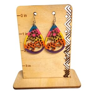 Rainbow Paw Petal Wood Drop Earrings